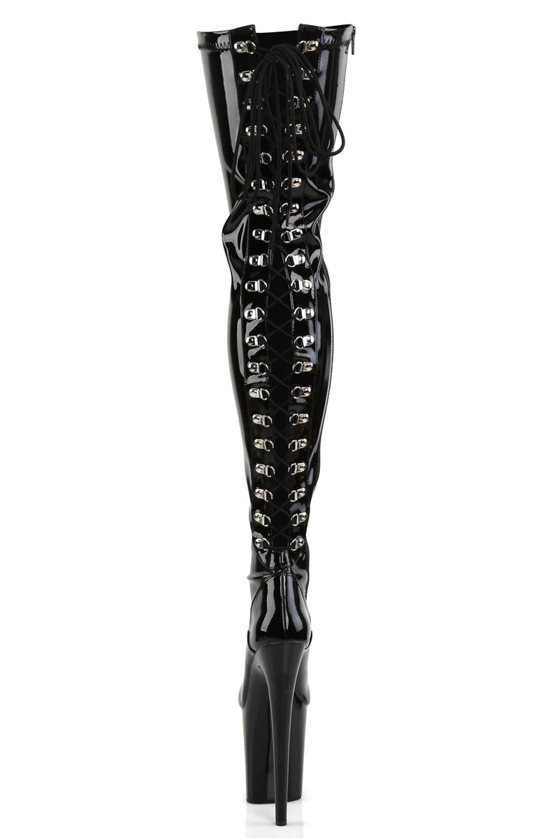 Pleaser USA Flamingo-3063 8inch Thigh High Pleaser Boots - Patent Black-Pleaser USA-Pole Junkie