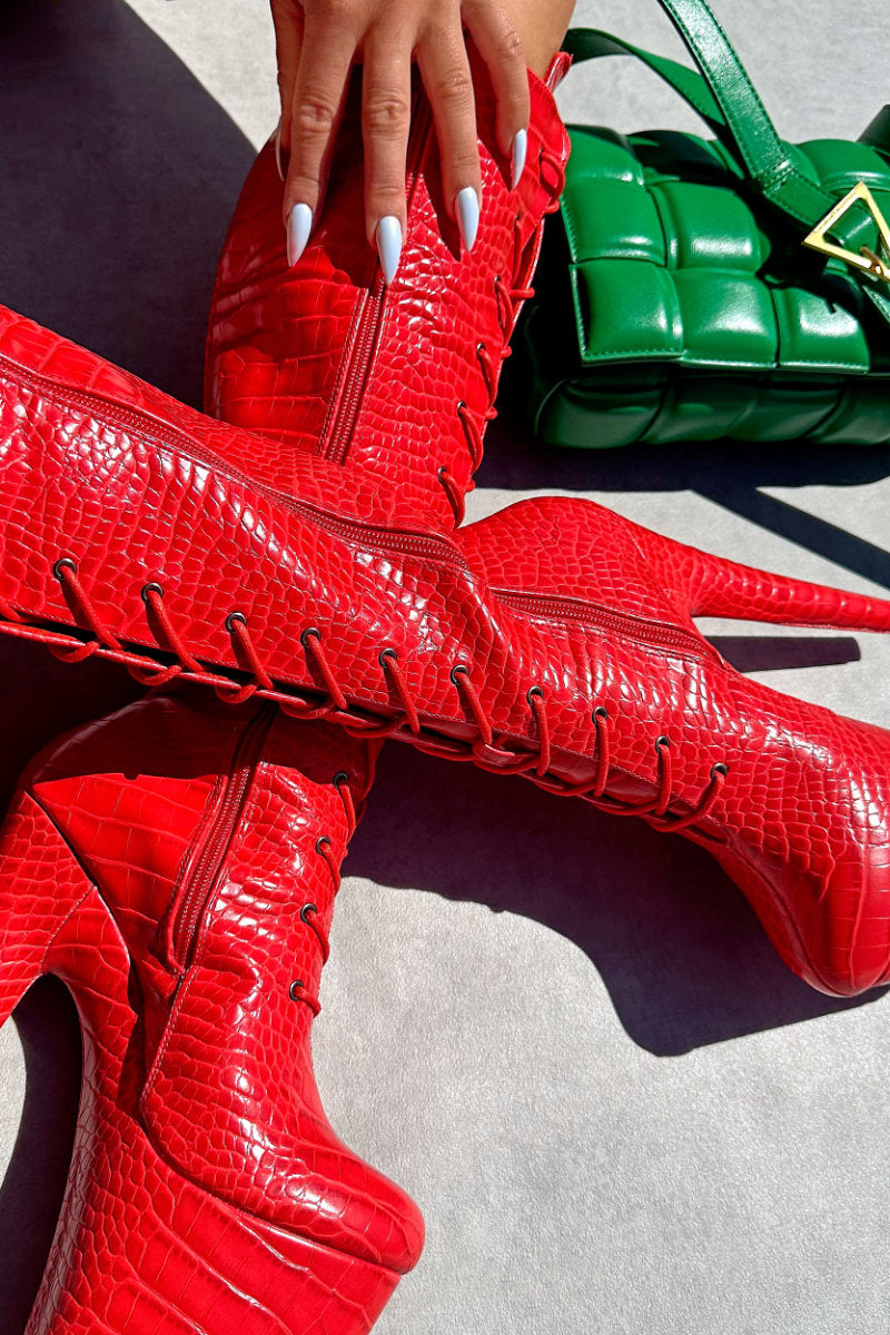 Hella Heels Out For Blood Knee High Boots - 8inch-Hella Heels-Pole Junkie