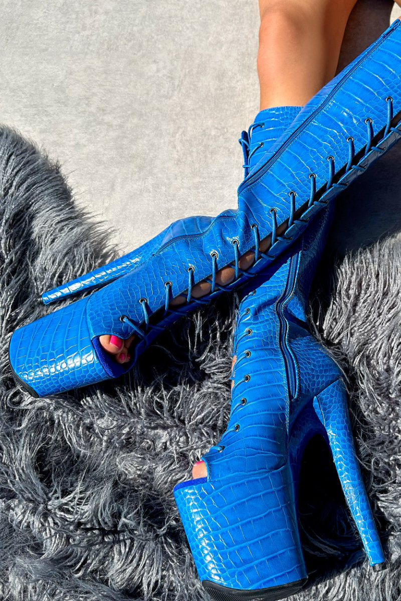 Hella Heels Electric Boa Open Toe Knee High Boots - 8inch-Hella Heels-Pole Junkie