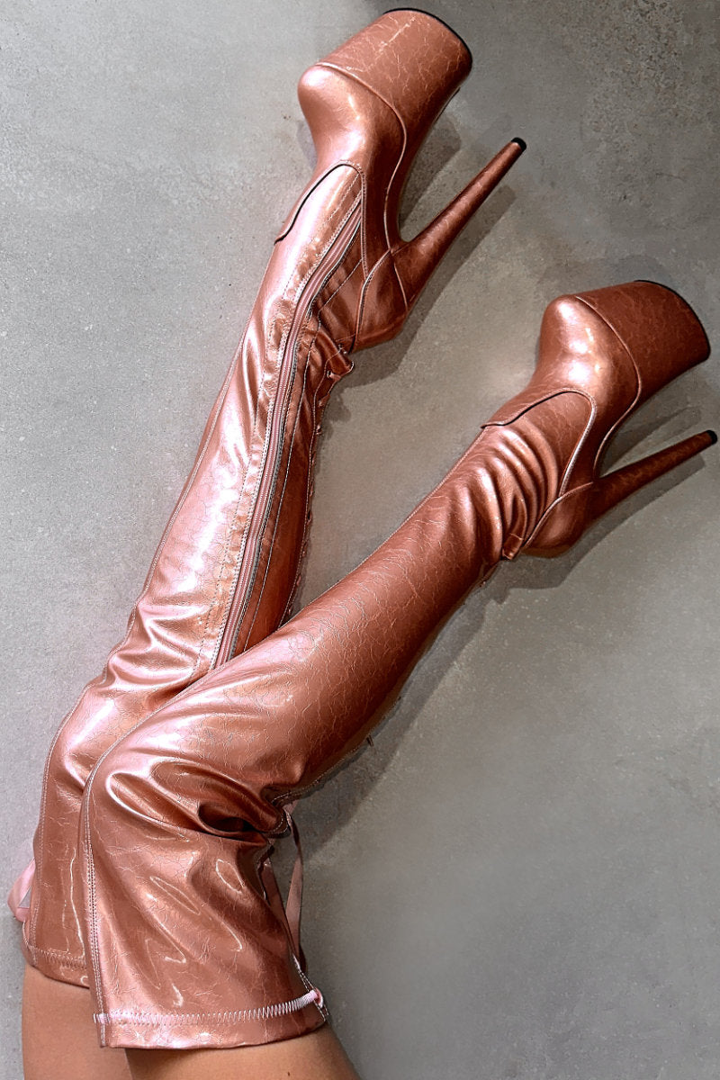 Hella Heels Thigh High 8inch Boots Rose Gold - Main Image