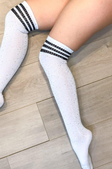 Lunalae Thigh High Diamonte Socks - White/Black-Lunalae-Pole Junkie