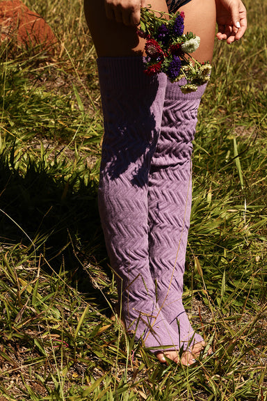 Rolling Cable Knit Thigh High Leg Warmers with Stirrups - Lavender-Rolling-Pole Junkie