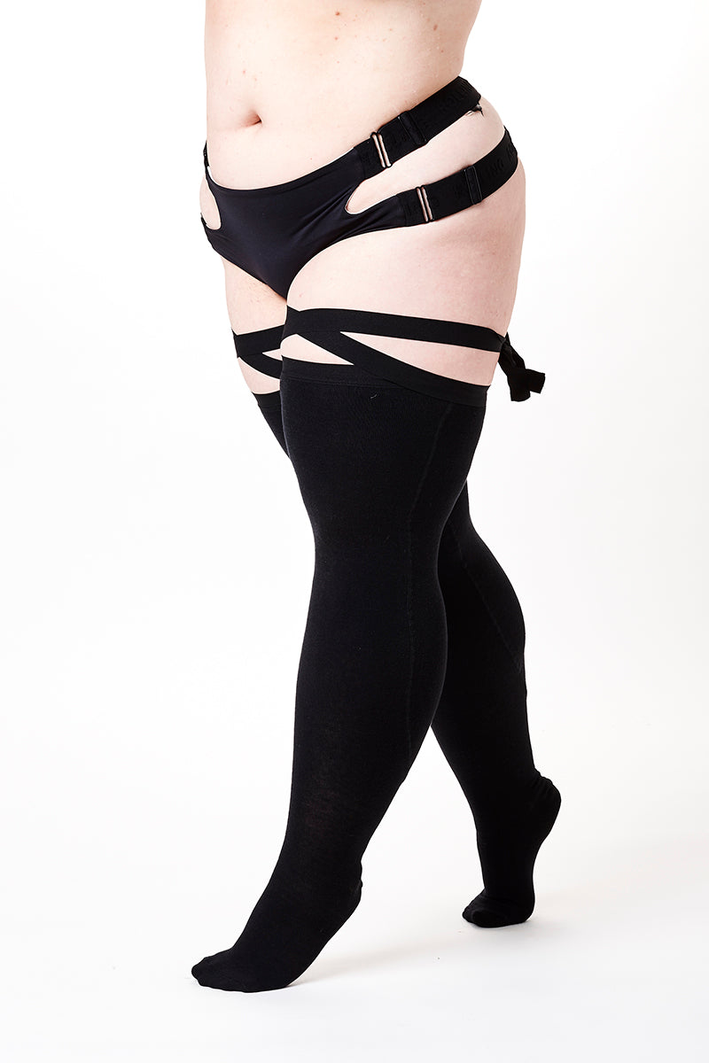 Rolling Over the Knee Ribbon Socks - Black (3 sizes available)-Rolling-Pole Junkie