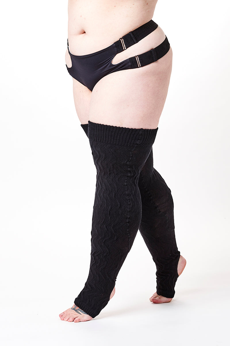 Rolling Cable Knit Thigh High Leg Warmers with Stirrups - Noir