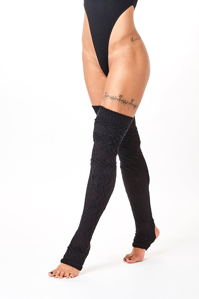 Rolling Cable Knit Thigh High Leg Warmers with Stirrups - Noir-Rolling-Pole Junkie