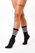 Rolling Calf High Socks - Black and White Striped-Rolling-Pole Junkie