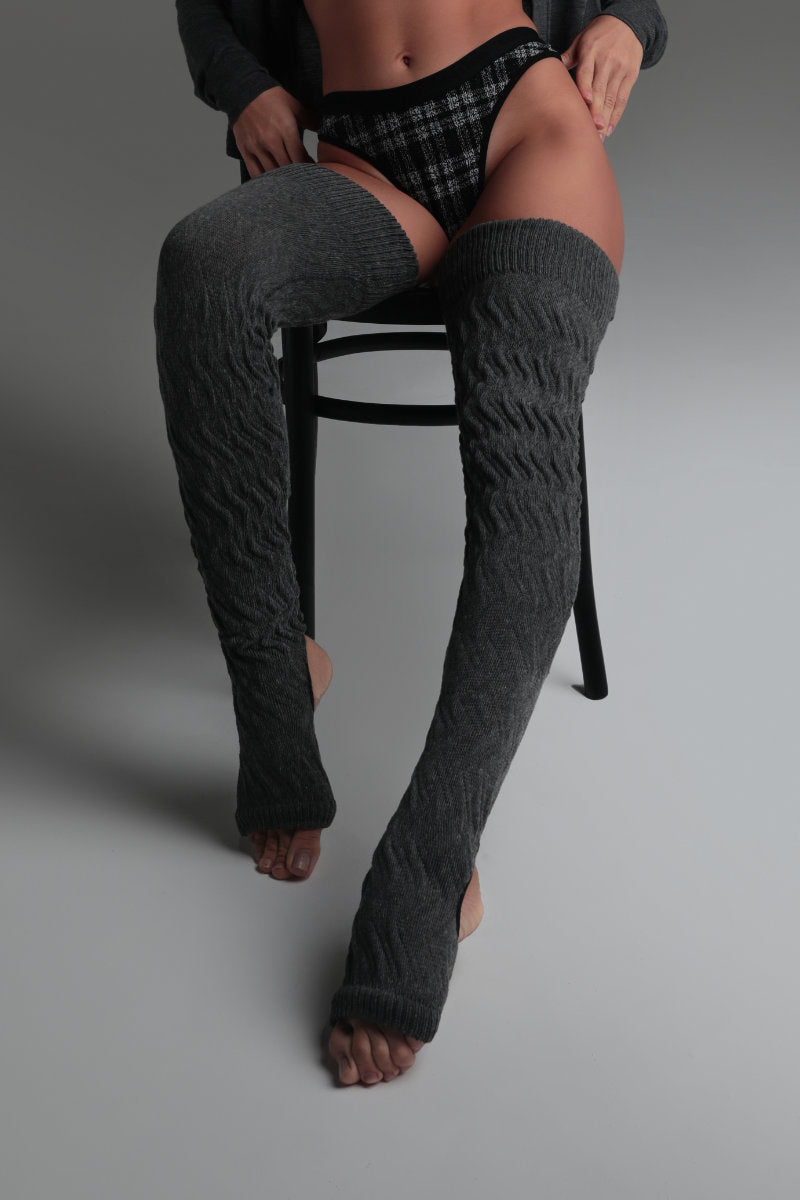Rolling Cable Knit Thigh High Leg Warmers with Stirrups - Charcoal · Pole  Junkie