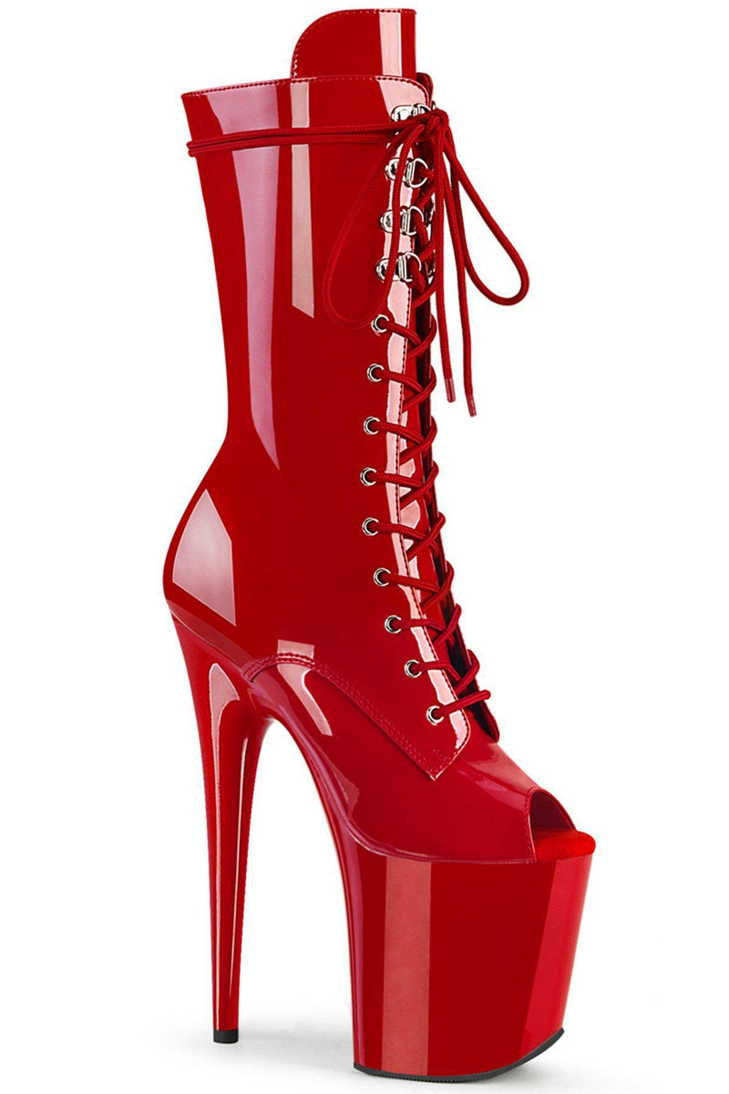 Pleaser USA Flamingo-1051 8inch Peep Toe Pleaser Boots - Patent Red-Pleaser USA-Pole Junkie