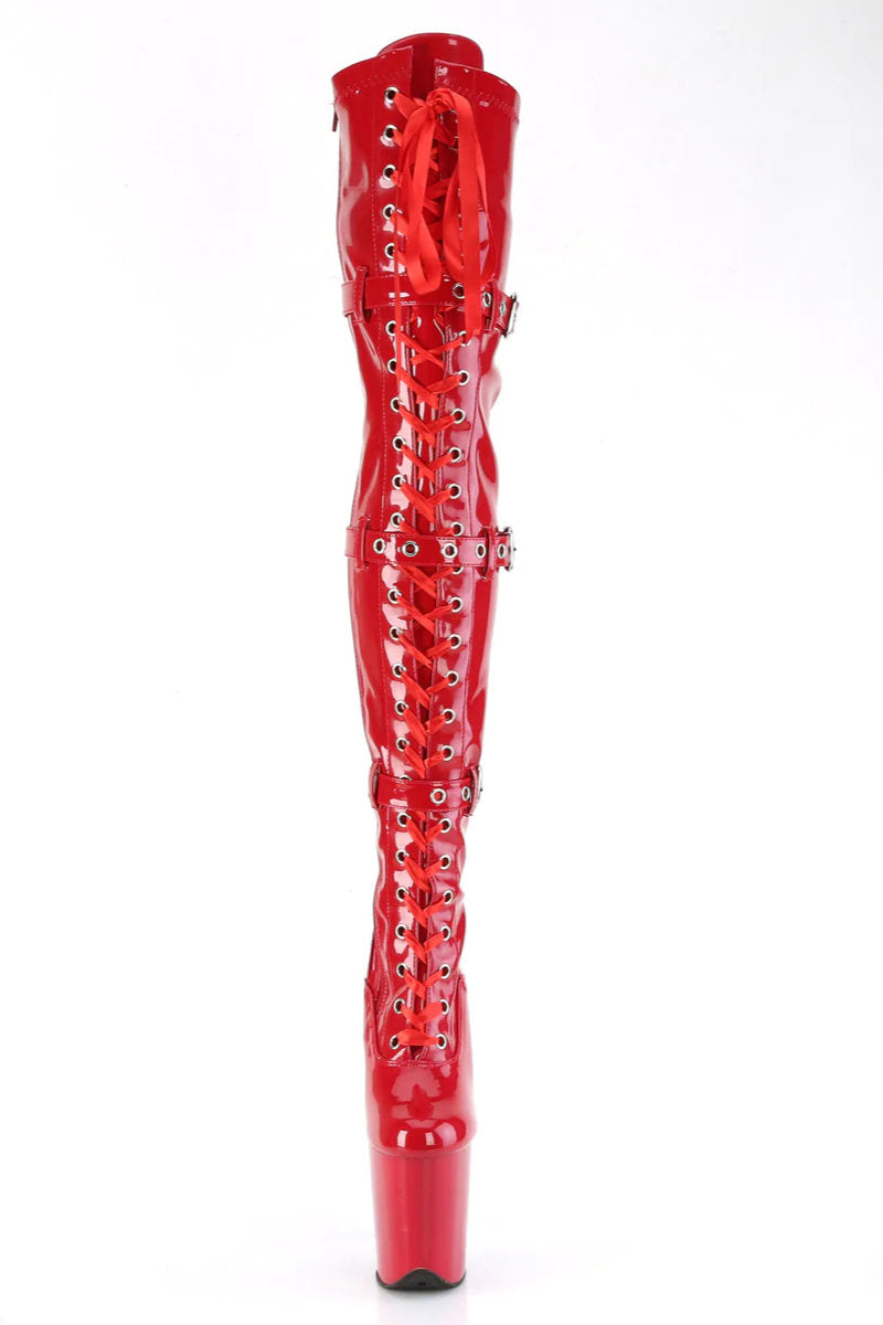 Pleaser USA Flamingo-3028 8inch Thigh High Pleaser Boots - Patent Red-Pleaser USA-Pole Junkie
