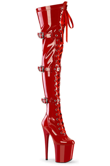 Pleaser USA Flamingo-3028 8inch Thigh High Pleaser Boots - Patent Red-Pleaser USA-Pole Junkie