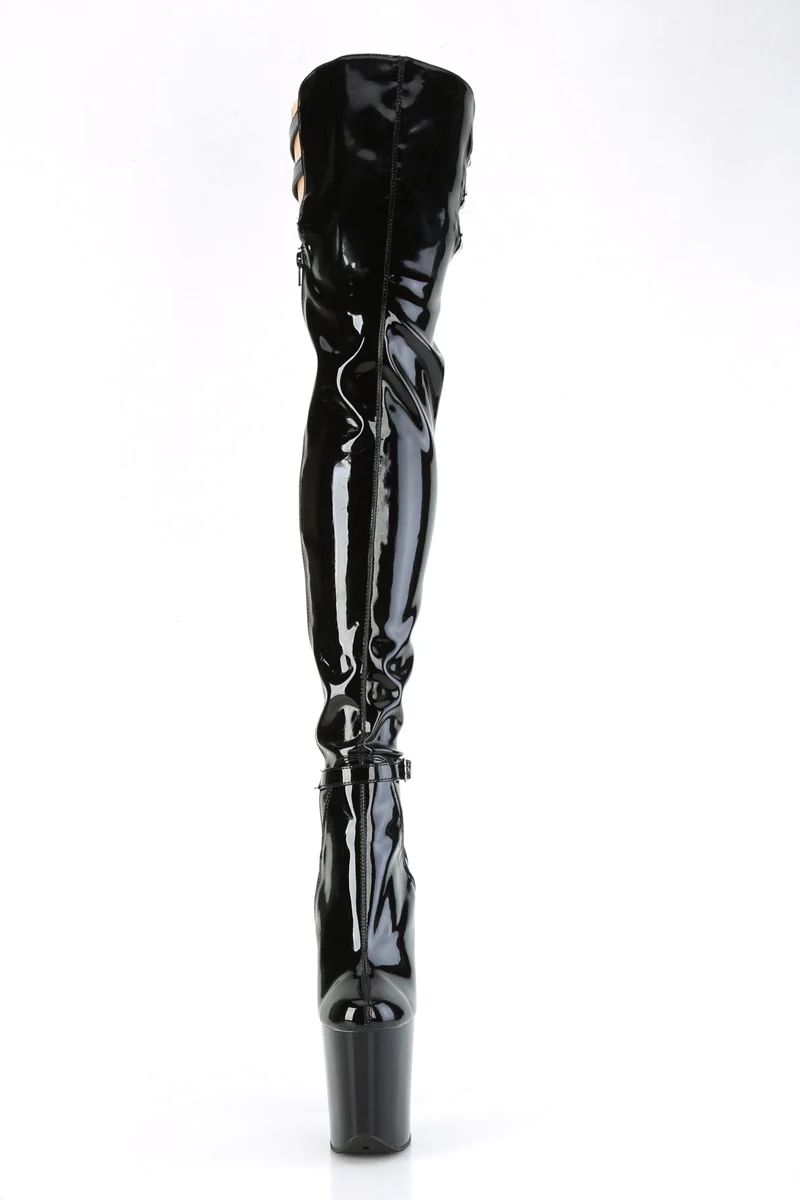 Pleaser USA Flamingo-3055 8inch Thigh High Pleaser Boots - Patent Black-Pleaser USA-Pole Junkie